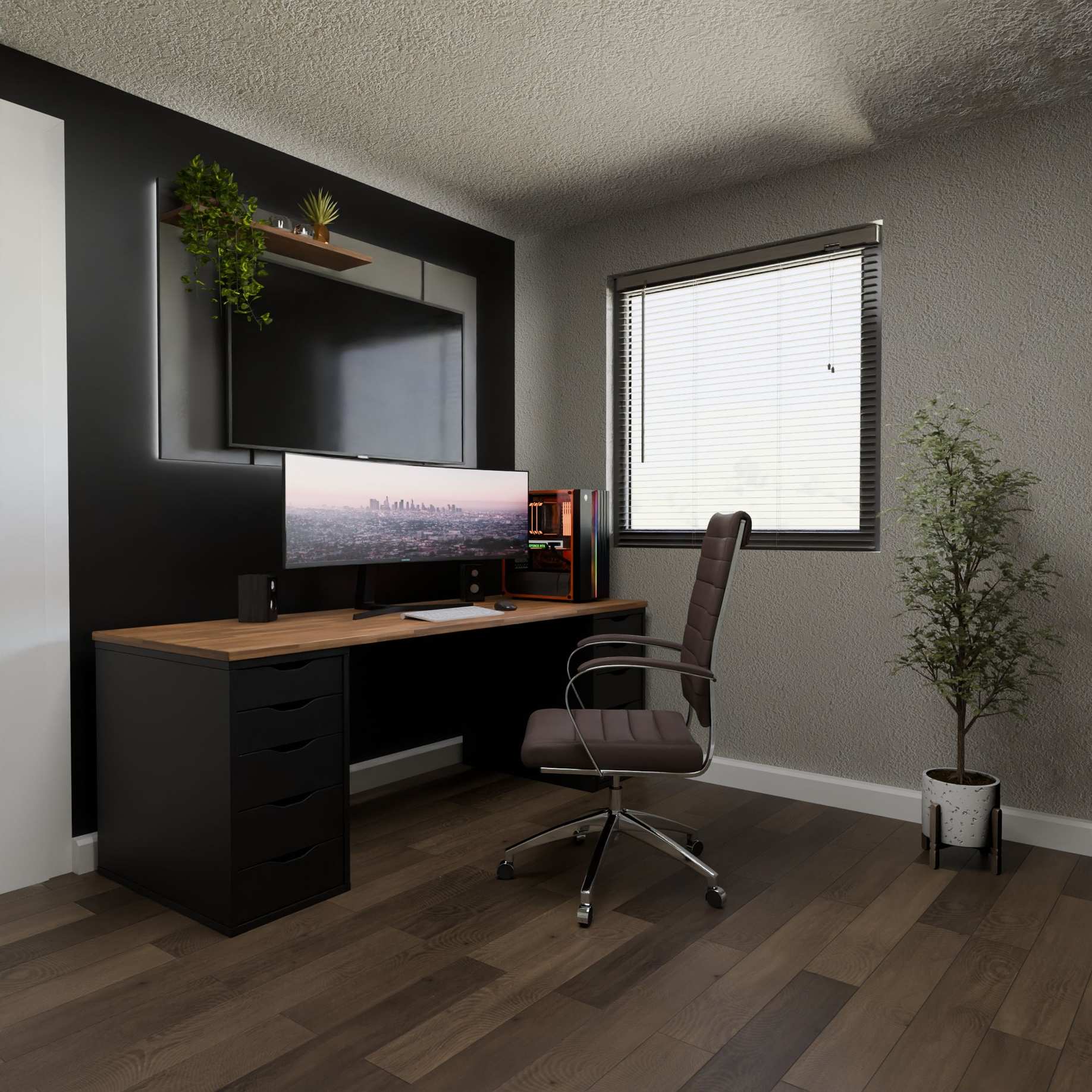 Overhead view of a keyboard and monitor on a desk with minimalist desk setup