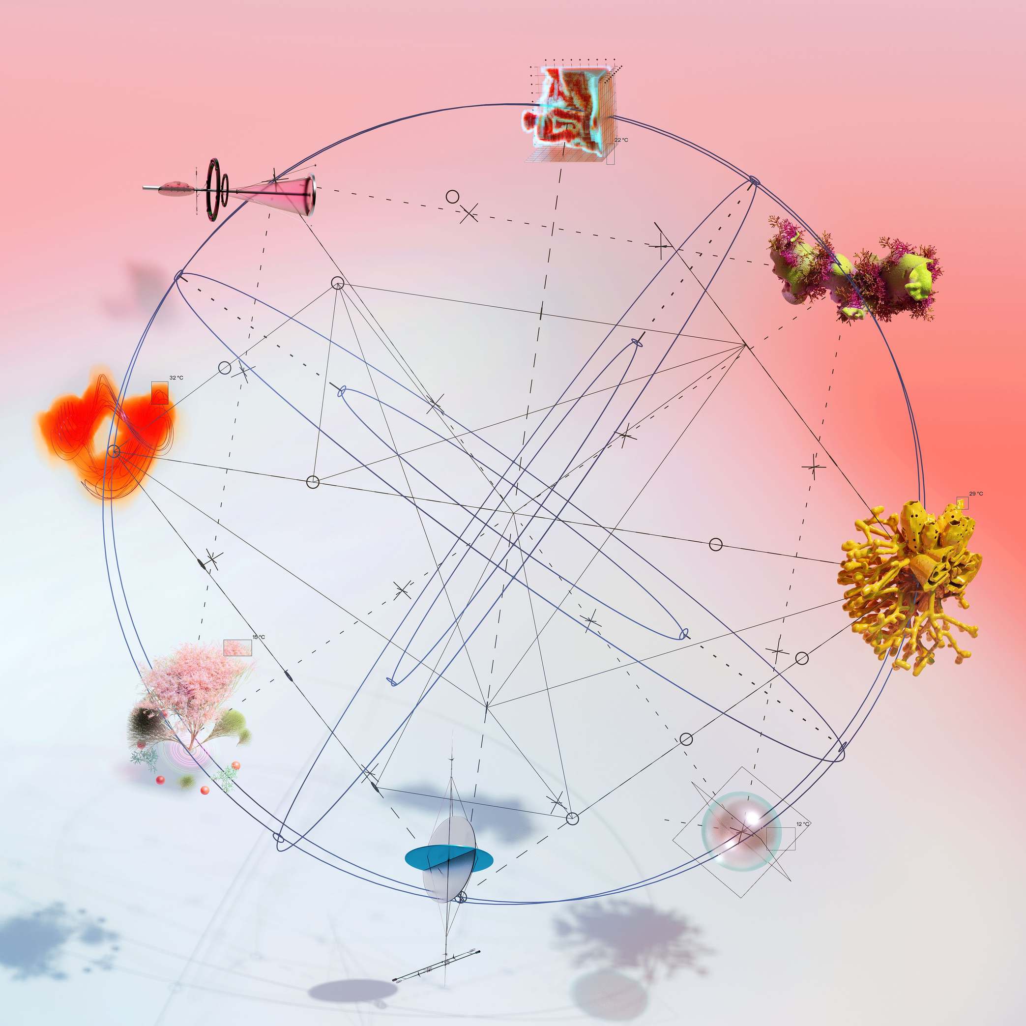 Close view of a web application on a display featuring geometric lines and colorful elements